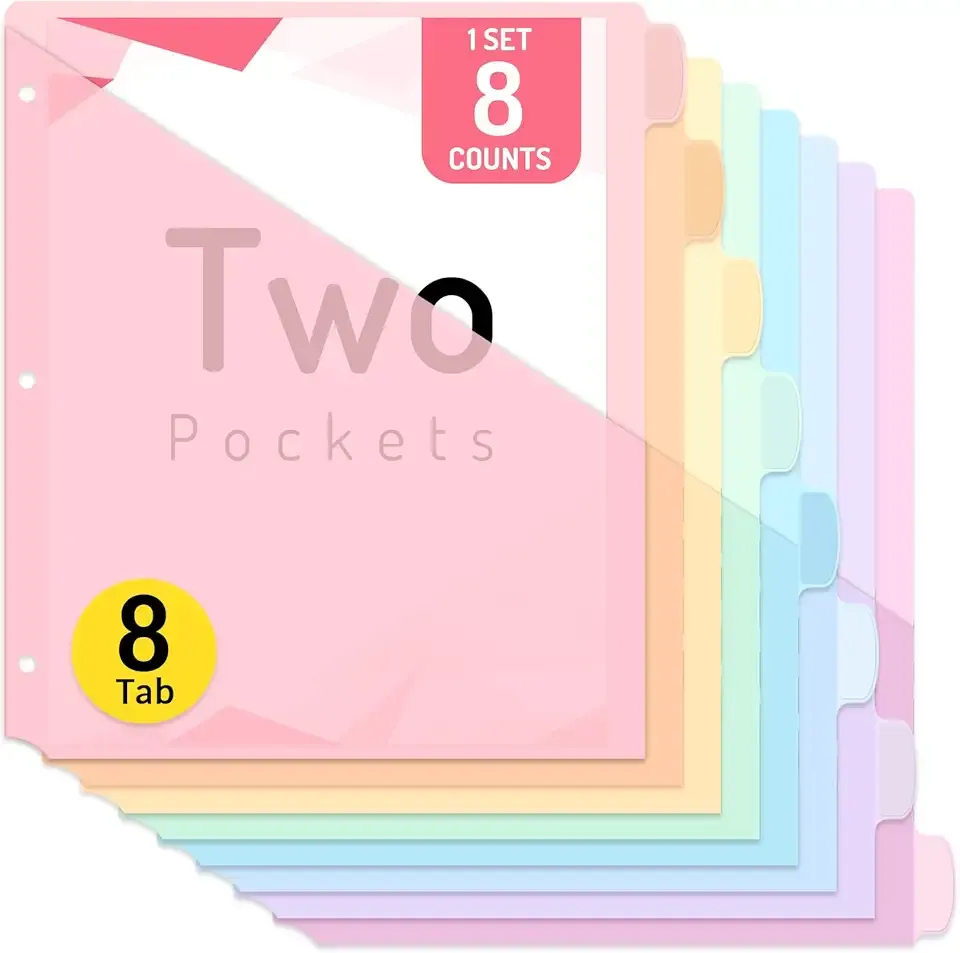 Forvencer 8 Count Dividers with Two Pockets, 8 tab Binder Dividers for 3 Ring Binder Organizer, Binder Divider with Tabs for School Office and Home Organization, Multicolor, 1 Set