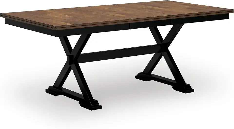 Signature Design by Ashley Wildenauer Extendable Dining Table, Farmhouse | Hardwood solids, Mango wood veneer, MDF substrate, Trestle base, Self-storing butterfly leaf, Seats 8, 60 to 78 inch length