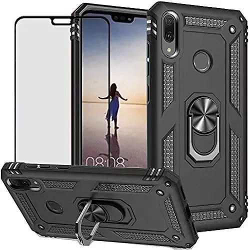 for Huawei Y9 2019 / Enjoy 9 Plus Case （Not for Y9 Prime 2019） with Tempered Glass Screen Protector,Hybrid Heavy Duty Dual Layer Anti-Scratch Shockproof Defender Kickstand Case, Black