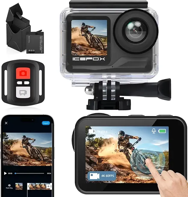 icefox Action Camera 4K 60FPS 20MP with 2X 2150mAh Batteries, Underwater Camera with 5X Zoom, EIS, Powered by Snappro App,Support Video&Photo Editing,Waterproof, WiFi Remote Control