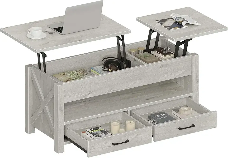 Seventable Coffee Table, 47.2" Lift Top Coffee Table with 2 Storage Drawers and Hidden Compartment, Retro Center Table with Wooden Lift Tabletop for Living Room, Gray