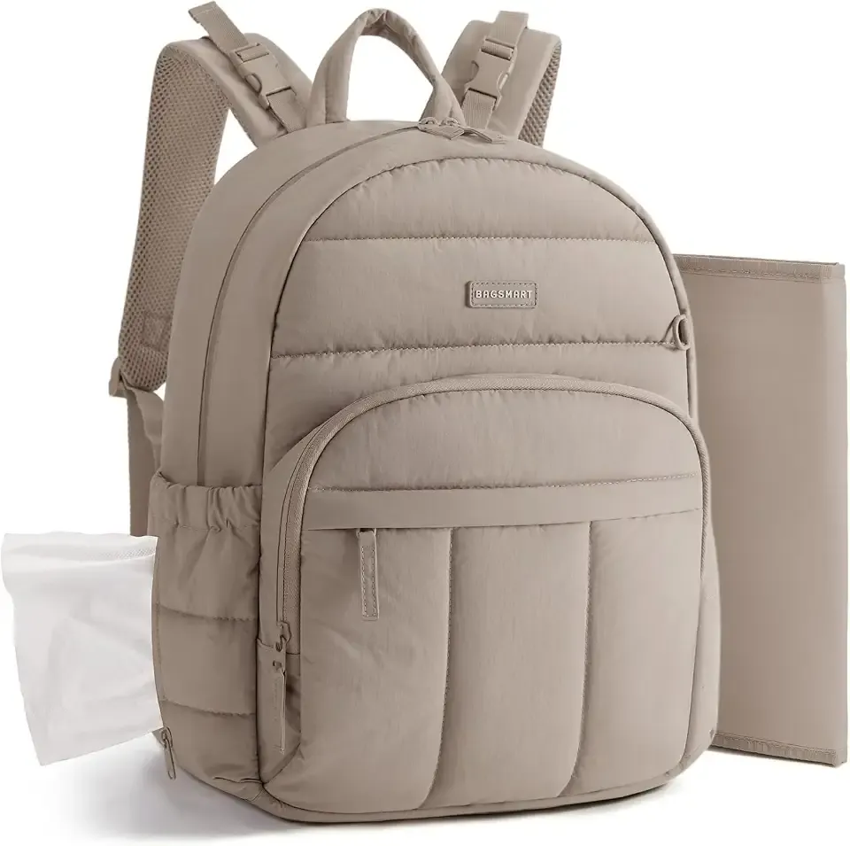 BAGSMART Diaper Bag Backpack, Multi-Pocket Puffy Diaper Bag with Waterproof Changing Pad, Lightweight Stroller-Friendly Diaper Bag with Insulated Pockets, Easy-Access Baby Essential, Camel