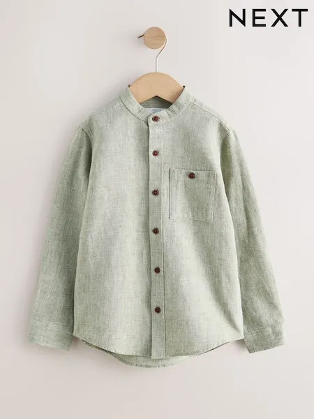 Sage Green Long Sleeve Grandad Collar Cotton/Linen Mix Texture Shirt (3-16yrs)