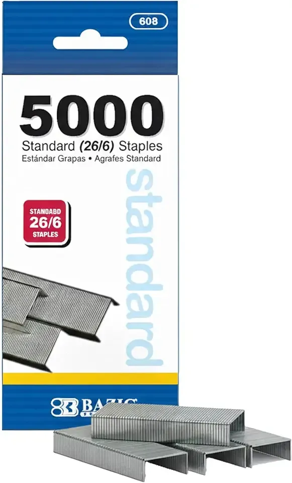 BAZIC Staples Standard (26/6) 5000/Pack, Stapler Refill Standard Size Staple, Silver Colors, 1-Pack