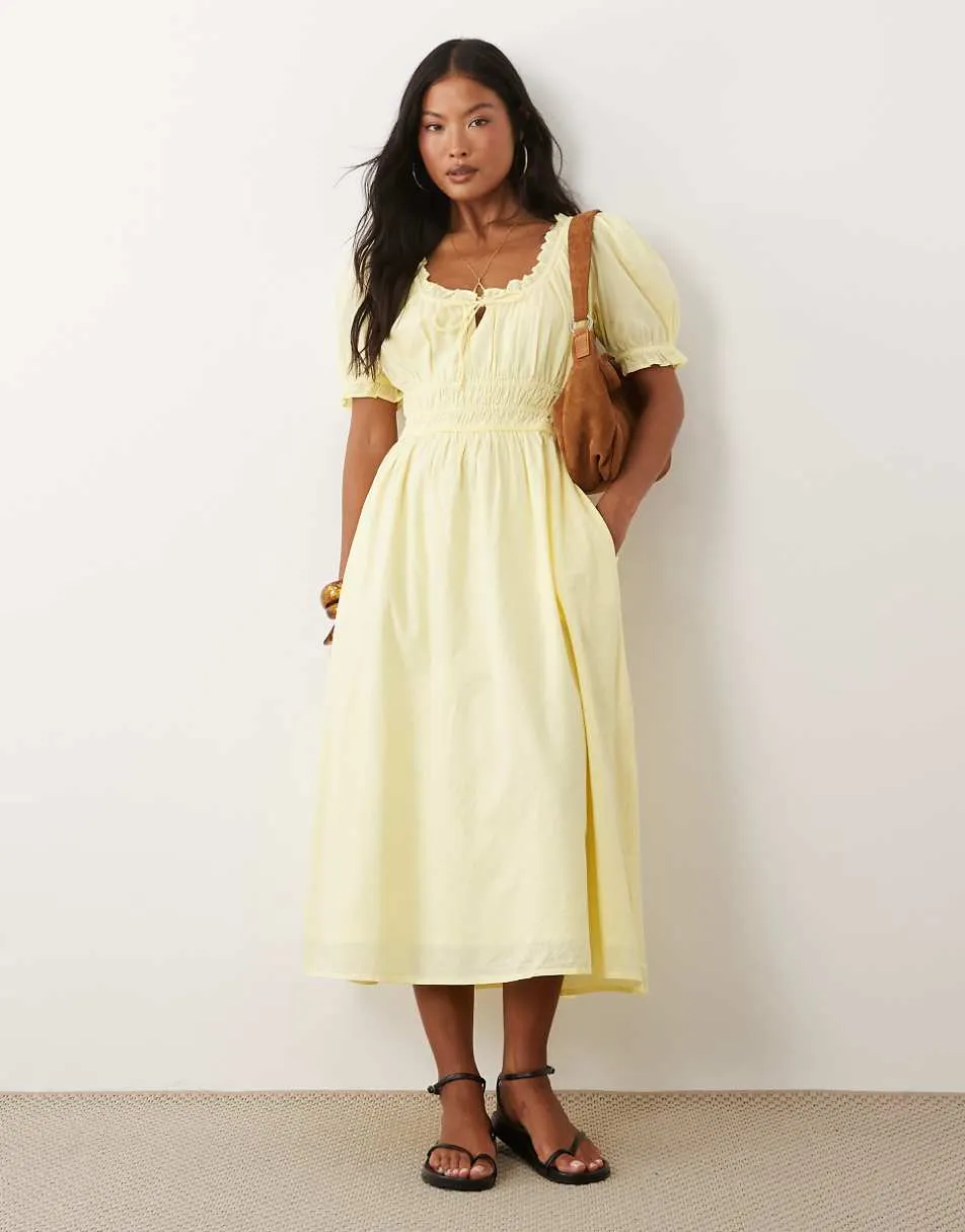 Nobody's Child Petite Tula cotton ruch puff sleeve midi dress in yellow