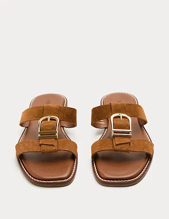 Suede Buckle Flat Mule Sandals