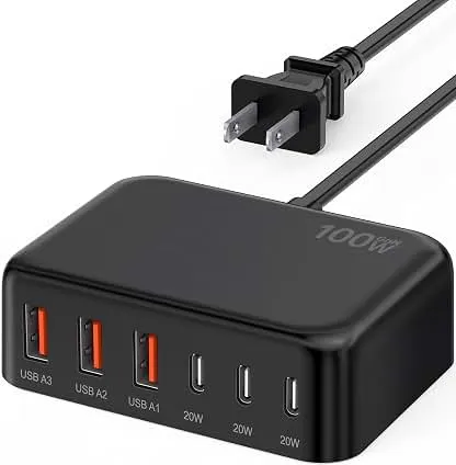 [2026 Updated] USB C Fast Charger, 100W GaN 6 Port Type C Charging Station Hub Block Cube, USB C Wall Charger Power Strip Adapter Plug for iPad iPhone 17 16 15 14 Pro Max Pixel Note Galaxy, 5ft Cord [2026 Updated] USB C Fast Charger, 100W GaN 6 Port T…