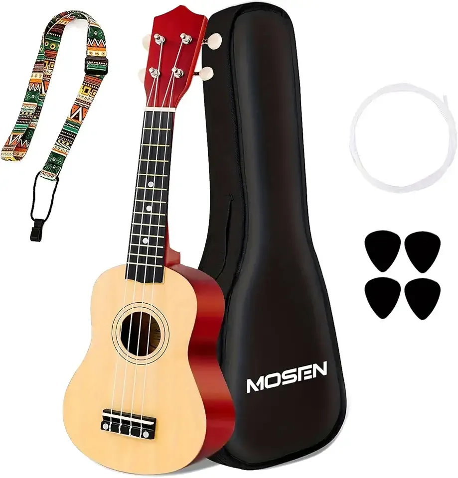 MOSEN Ukulele for Beginners 21 Inch All in One Kit Beginner Professional Ukulele Including Straps, Strings, and Paddles (Natural Wood)