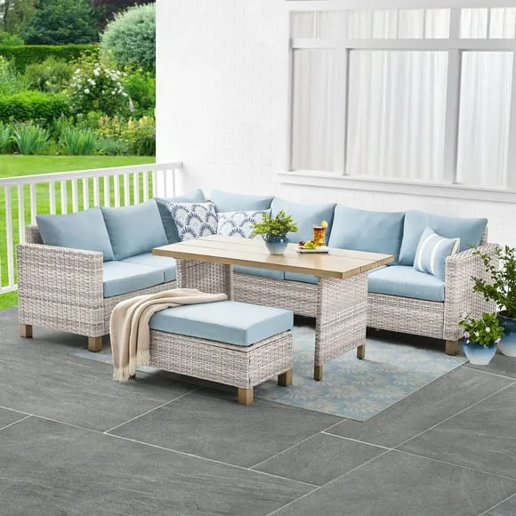 Better Homes & Gardens Brookbury 4-Piece Outdoor Wicker Patio Sectional Dining Set, White Wicker/Chambray Blue Cushions