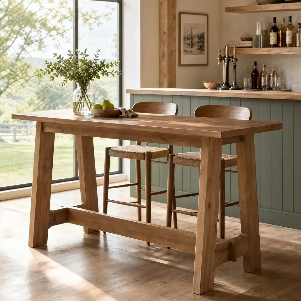 63" Solid Wood Bar Table, Rectangular Farmhouse Pub Table with A-Frame, Heavy-Duty High Top Dining Bar Unit for 4 for Kitchen, Home Bar, Coffee Bar, Rustic Brown
