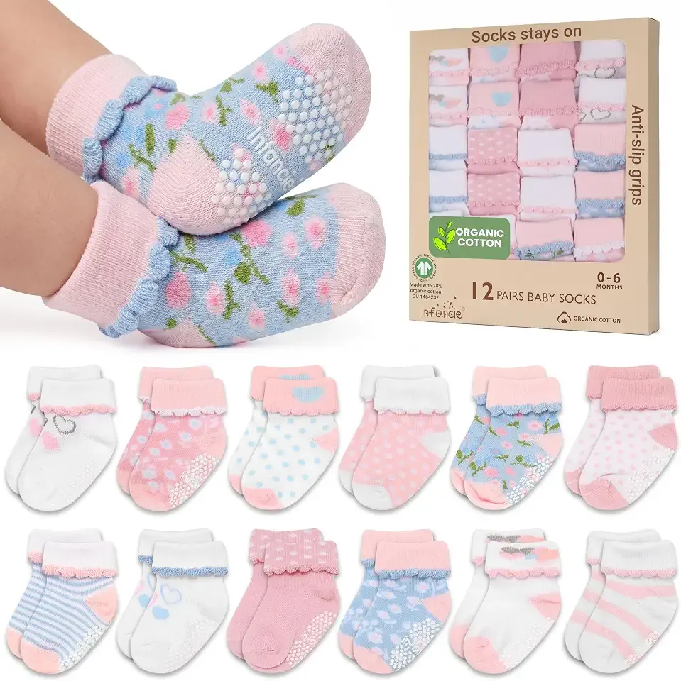 GOTS Certified Organic Cotton Rich Blend Baby Socks 12 Pairs For 0 - 6 (M) Baby Girl Soft, Stretchable & Comfortable Girl newborn Socks, Adorable Sock Shoes For Baby Girl, Gift For Little, Pink