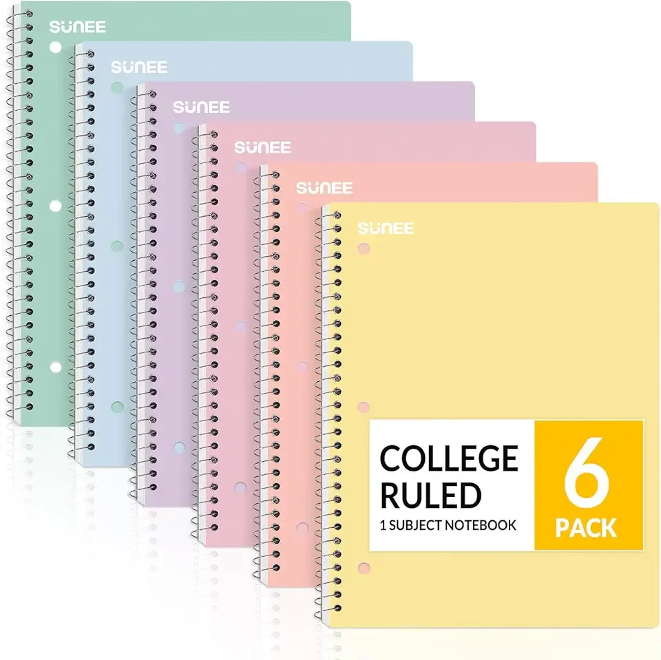 SUNEE Spiral Notebooks, 6 Pack, 1-Subject, College Ruled Paper, 8" x 10-1/2", 70 Sheets per Notebook, Assorted Pastel Colors Spiral Notebooks for School