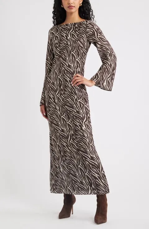 Print Long Sleeve Drape Back Dress