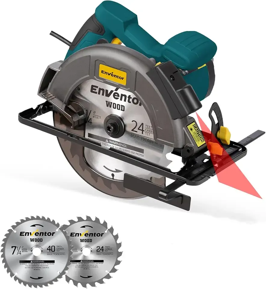 Enventor Circular Saw Corded, 11A Electric Circular Saws 7-1/4-Inch with Laser Guide, 2 Blade Saws (40T/24T), Max Cutting Depth 2-7/16"(90°), 1-8/9"(0°-45°), Single Handed Bevel, 6000RPM (Blue)