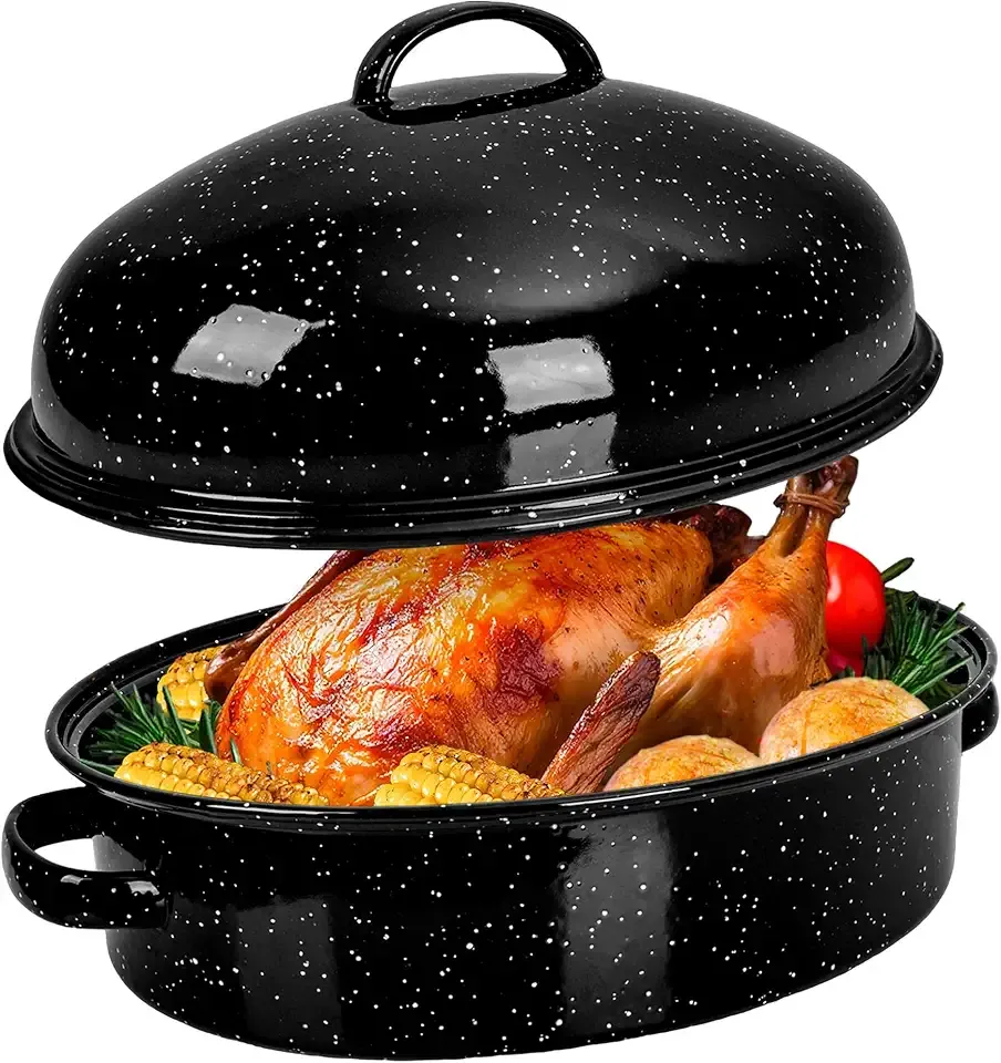 Enamel Granite Roasting Pan with Lid 18 Inch with Rack, Extra Large Deep Oven Baking Pot, NonStick Oval Carbon Steel Potato Roaster Pan for Turkey Chicken Steak NonToxic Perfect for Party Thanksgiving