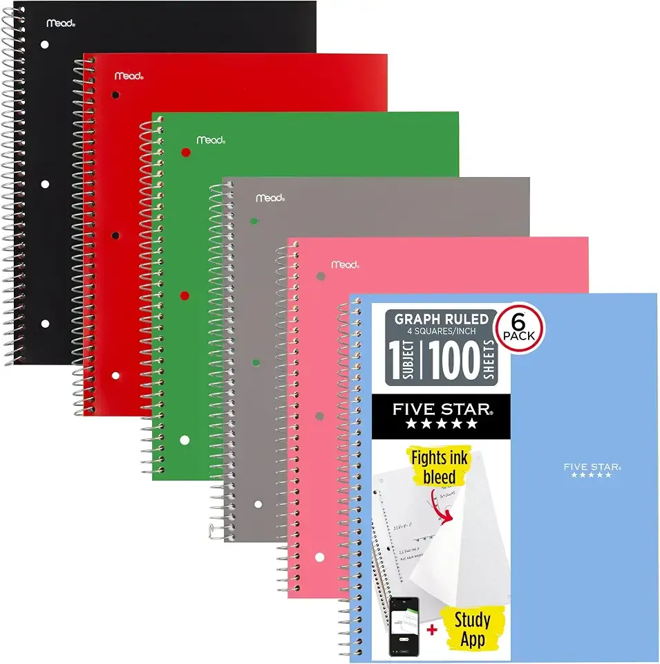 Five Star Spiral Notebook + Study App, 1 Subject, Graph Ruled Paper, 8.5" x 11", 100 Sheets, Assorted Colors, 6 Pack (73549)