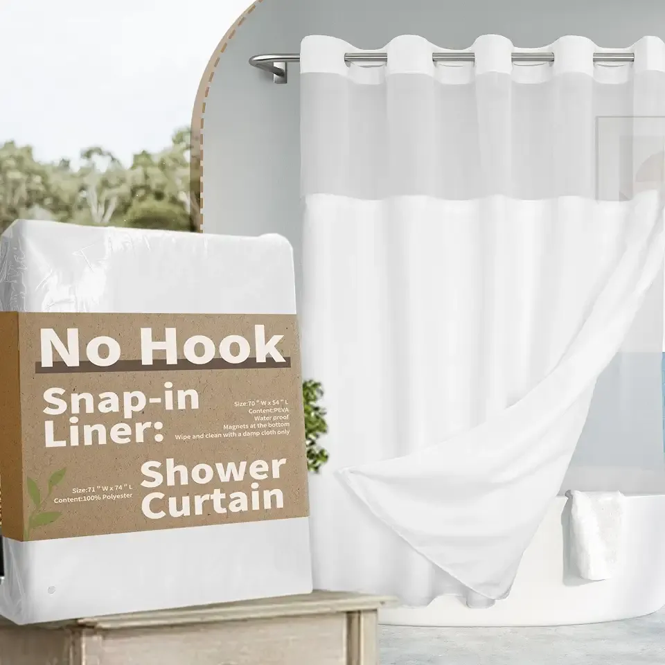 River Dream No Hook Shower Curtain with Snap-in Liner Set, White, 71x74 | Snap on Waterproof PEVA Liner, See Through Top Window, Slub Textured, Hotel Style Shower Curtain Set, Standard Size