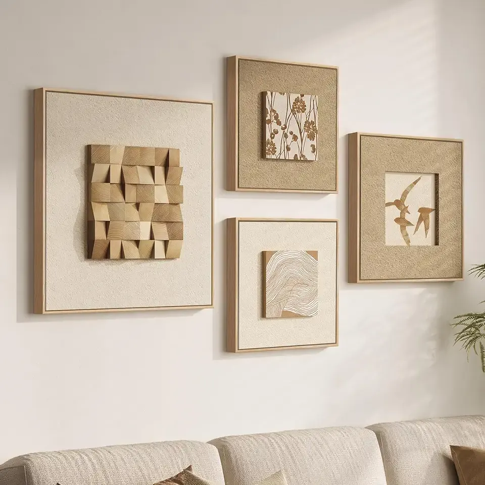 Large Framed 3D Textured Wood Wall Art 4 for Living Room, Neutral Set of 4 | Solid Wood Blocks, Solid Wooden, 4 Piece, Minimalist, Abstract, Beige and brown, Wall decor, for Hallway, Dining room, Office