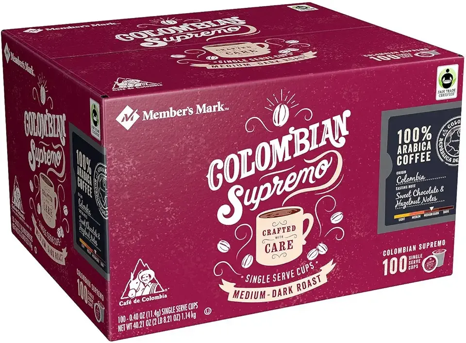 Member's Mark Colombian Supremo Coffee 100 single-serve cups. A1L8