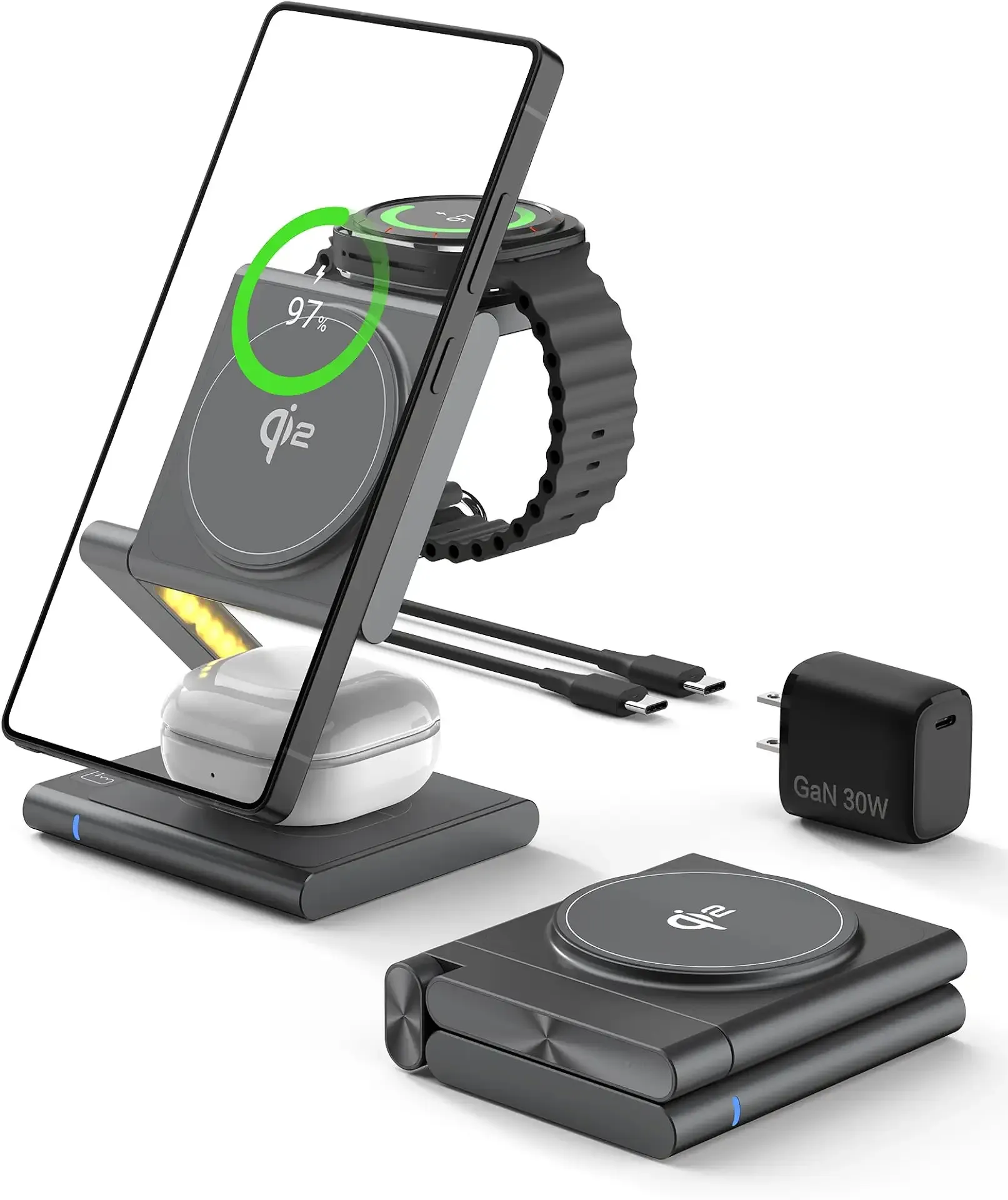 4 in 1 Wireless Charging Station for Samsung, Foldable Aluminum Magnetic Charger with LED Light for Samsung Galaxy S25/Ultra/S24/S23/S22, Galaxy Watch 8/7/6/5, Galaxy Buds/Pro