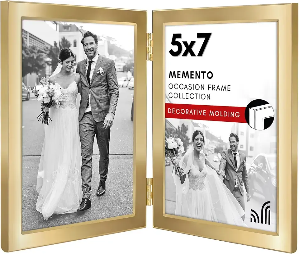 Americanflat Hinged 5x7 Metal Picture Frame With Wide, Beveled Molding and Shatter-Resistant Glass - Modern Picture Frame Displays Two 5x7 Photos - Elegant Photo Frames for Tabletop Display - Gold
