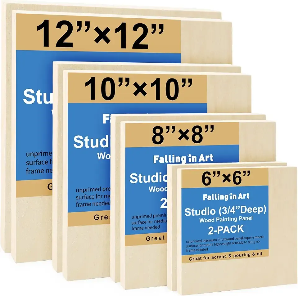 Falling in Art 8 Pack 4 Sizes Unfinished Birch Wood Canvas Panels Kit | Studio 3/4’’ Deep Wood Canvas, Cradle Boards for Painting, Pouring, Burning, Crafts, Epoxy Resin, Laser Engraving Cutting