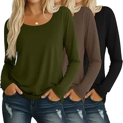 Neer 3 Pack Scoop Neck Long Sleeve Tops for Women, Loose Fit T-shirts Casual Fall Layer Trendy Basic Tees for Ladies Neer 3 Pack Scoop Neck Long Sleeve Tops for Women, Loos…