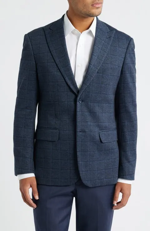 Navy Shadow Check Slub Cotton Blend Sport Coat
