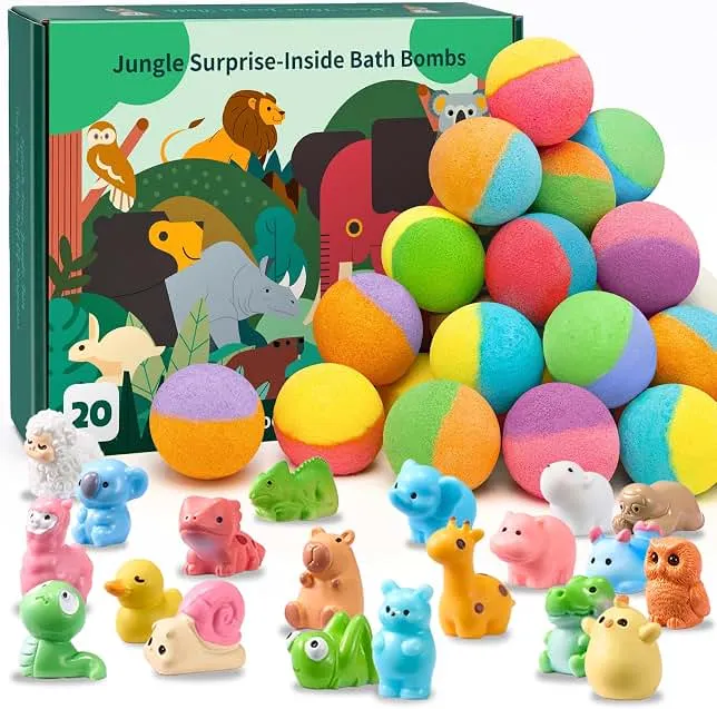 20 Kids Bath Bombs with Surprise Jungle Animal Toys, Child-Safe Gift Set | Natural Ingredients, Non-Staining Fizz, Hidden Animal Bath T…