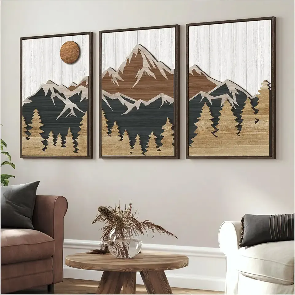VIYYIEA 3D Textured Wood Wall Art, 3 Piece Large Mountain Wall Decor, Boho Artwork for Living Room Bedroom, Modern Landscape Painting, Sunset Mountain, 24" L x 48" W