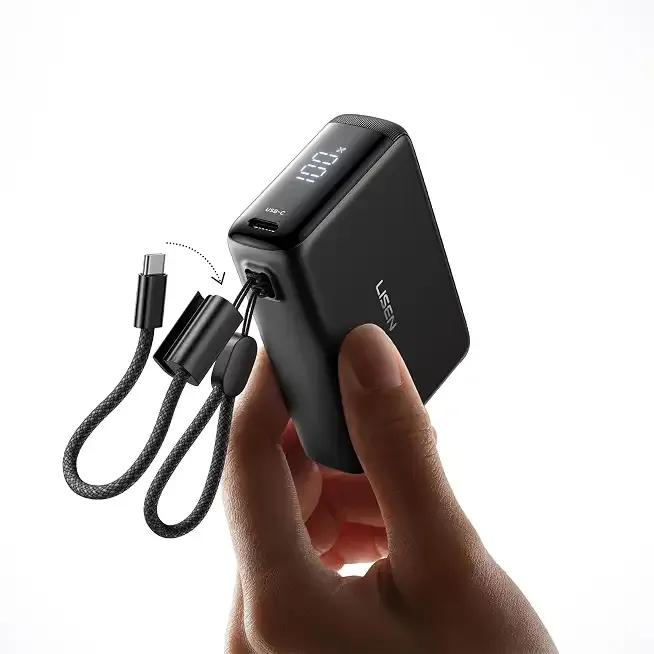 LISEN Small Portable Charger, 45W 10,000mAh Mini Power Bank Fast Charging | Detachable USB‑C Cable, Travel Essential, Flight‑Safe, EDC for iPhone 17/16, Samsung S26/25 Ultra, Galaxy, Pixel, iPad, Black