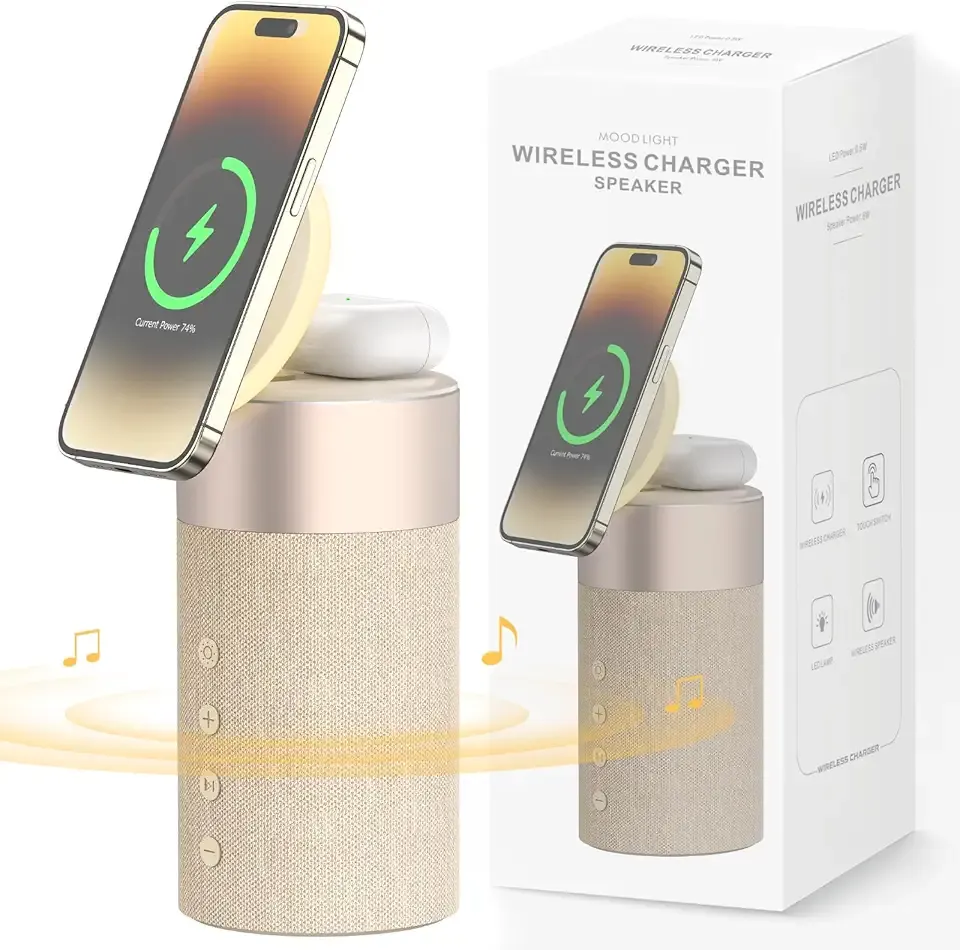 COLSUR Bluetooth Speaker, Magnetic Wireless Charger, Bluetooth Speakers with Night Light, 2 in 1 Wireless Charging Station for iPhone 17/16/15/14/13/12 Series, AirPods Pro 2/4/3/2（Gift Ideal）(Yellow)