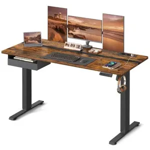 Escritorio eléctrico ajustable en altura con enchufe, cajón y 4 memorias, 70x160 cm, marrón rústico y negro tinta