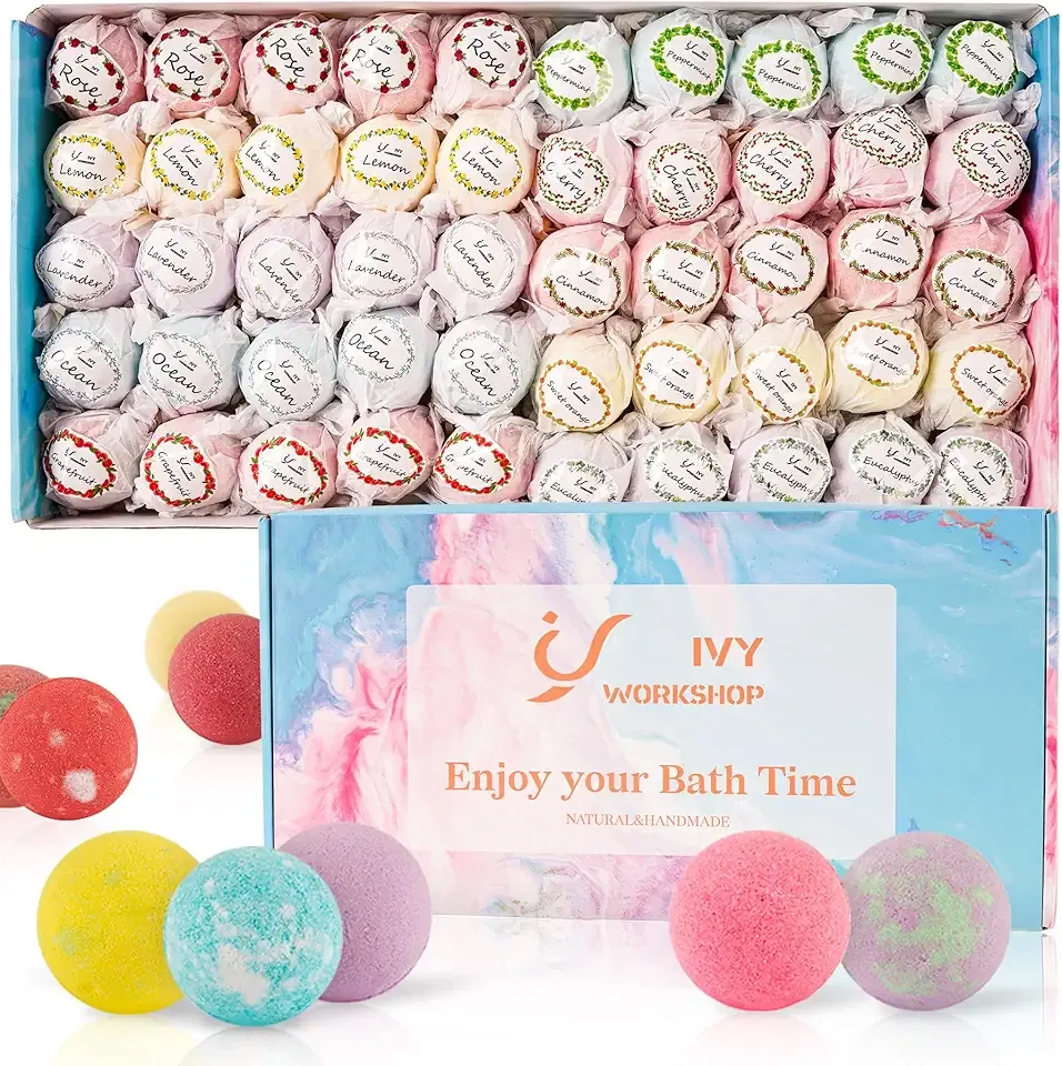Bath Bombs for Women Gift Set, 50 Pcs Natural Organic Bubble Bathbombs with 10 Rich Scents, Handmade Bubble Bath & Fizzy, for Bubble Bath Spa, Christmas, Birthday, Valentine's, Present Giving