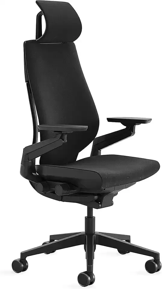 Steelcase Gesture Office Chair with Head Rest - Ergonomic Work Chair with Wheels for Hard Flooring - Comfortable Office Chair - Intuitive-to-Adjust Chairs for Desk - 360-Degree Arms - Licorice Fabric