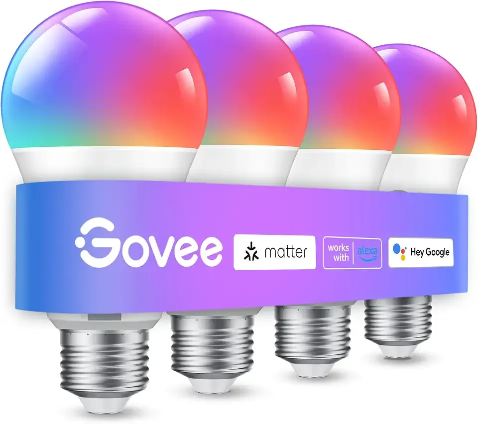 Govee Smart Light Bulbs, A19 Color Changing Light Bulb, 800 LM, E26 Base | Works with Matter, Alexa and Google Assistant, 16 Million Colors RGBWW, WiFi & Bluetooth LED Light Bulbs, Music Sync, 4 Pack
