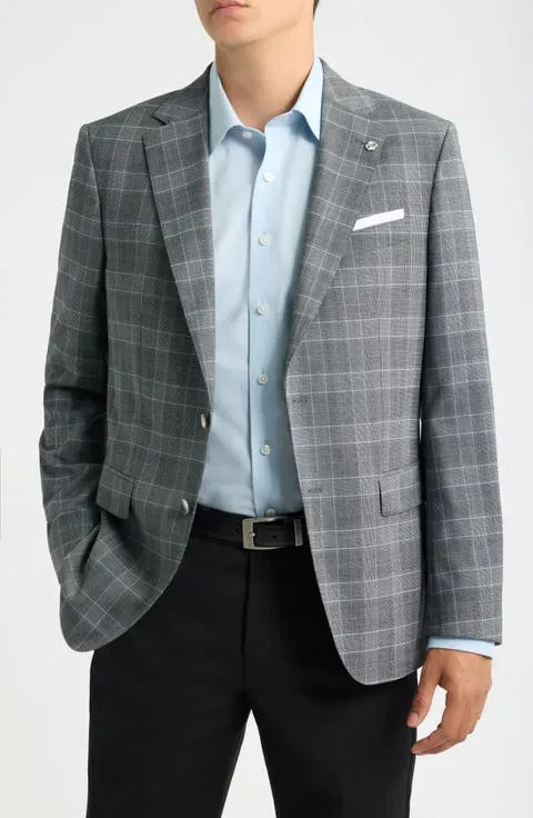 Hutson Slim Fit Light Blue Windowpane Check Slub Sport Coat
