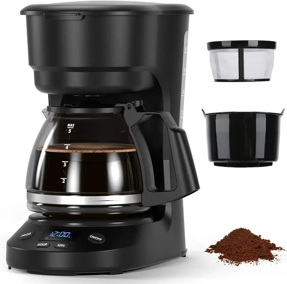 Compact 5-Cup Programmable Drip Coffee Maker — the essential coffee machine with Digital Clock, 24-hour Timer, Auto Shut-Off, and a Removable Filter Basket for Home & Office.