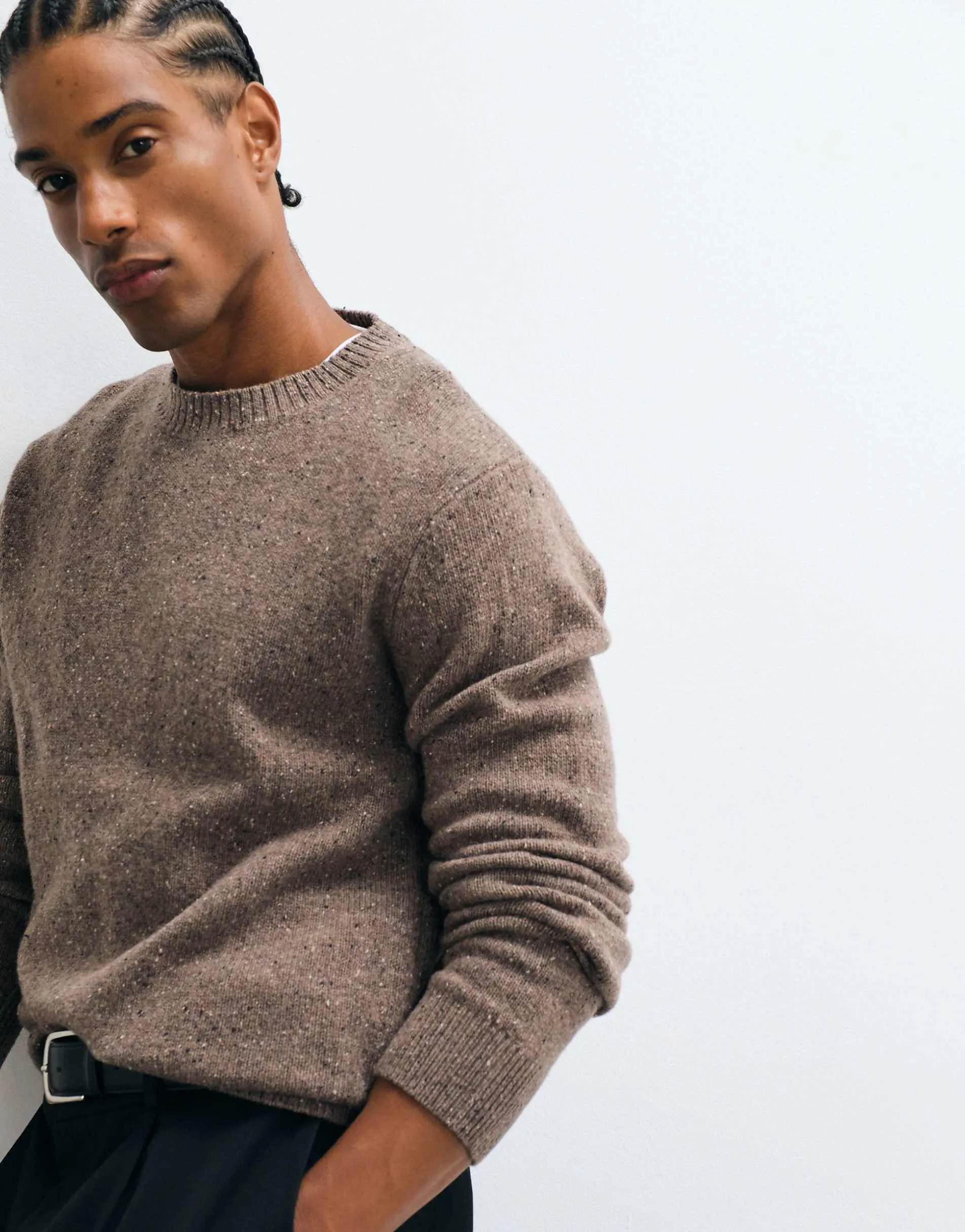 Selected wool blend knitted jumper in speckled brown