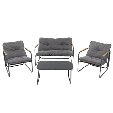 Set da giardino 4 pezzi Struttura in Acciaio Antracite, braccioli in Polywood e Top in vetro e Cuscini Antracite inclusi