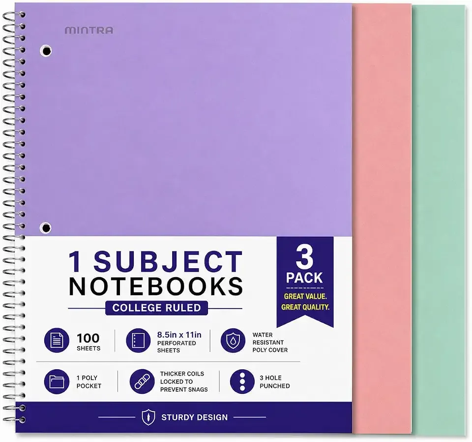 Mintra Office Durable Spiral Notebooks, 1 Subject, (Salmon, Sage Green, Lavender, College Ruled 3 Pack), 100 Sheets, Poly Pocket, Moisture Resistant Cover, Strong back, For School, Office, Business,