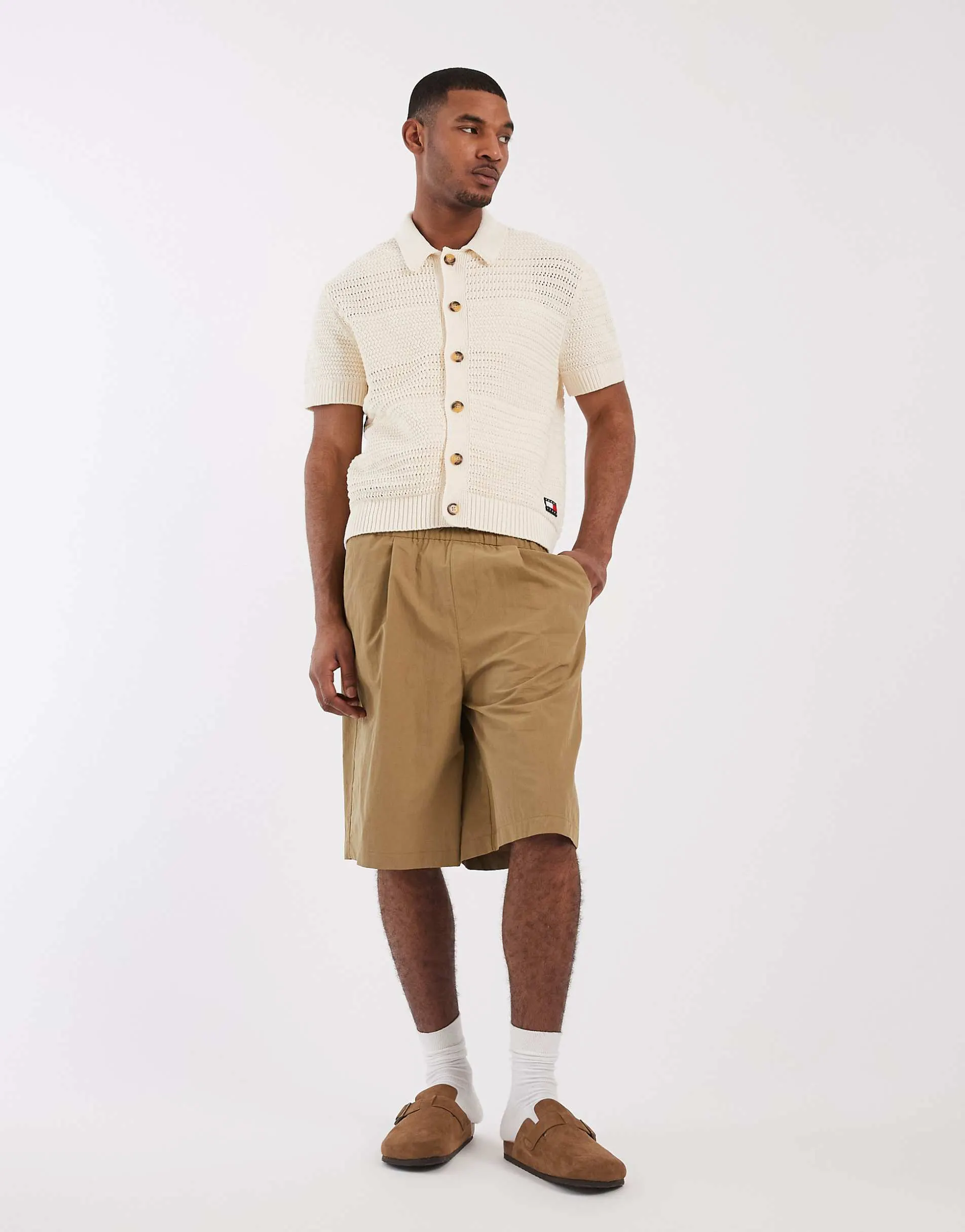 Tommy Jeans crochet short sleeve cardigan in beige