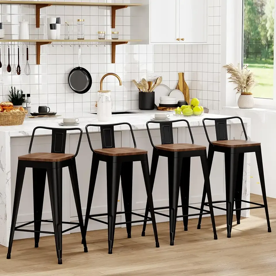 WENTMENT Metal Bar Stools Set of 4 Counter Height Barstools with Removable Back 26" Kitchen Bar Stools with Wooden Seat, Black