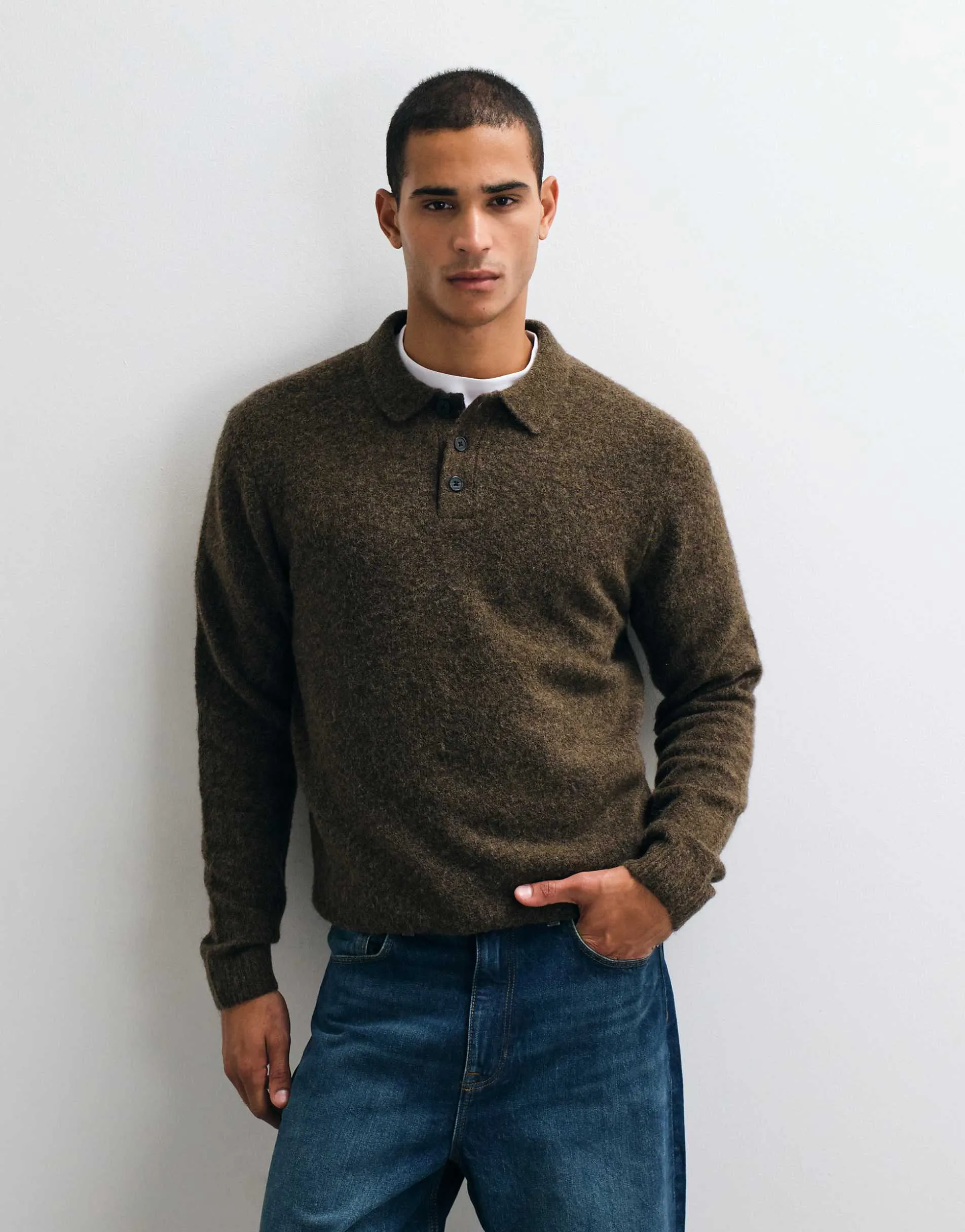 Jack & Jones knit polo top in chocolate brown