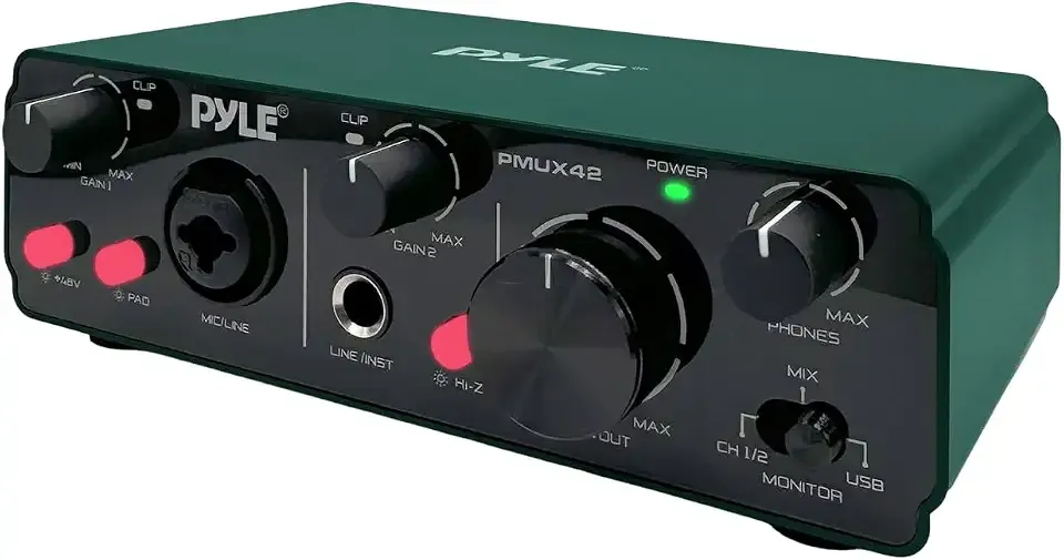 Pyle USB Audio Interface for Recording Music, Podcasting, and Streaming – 2-IN/2-OUT, 24bit/192kHz, Low-Noise, High-Fidelity Studio Quality, USB Powered, Rugged Metal Chassis, 5.9" x 4" x 1.8"