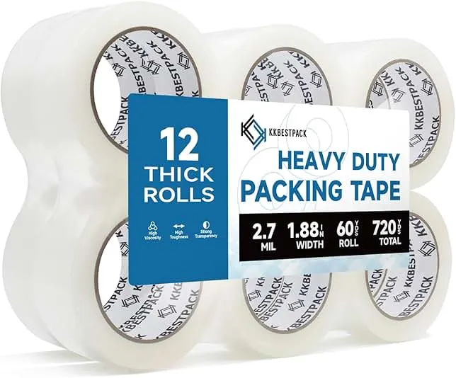 KKBESTPACK Heavy Duty Packing Tape, 12 Rolls – 1.88" x 60 Yards – Clear Shipping & Packaging Tape for Moving Boxes & Storage