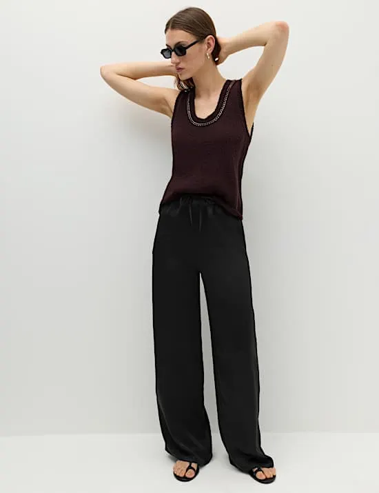 Satin Drawstring Wide Leg Trousers