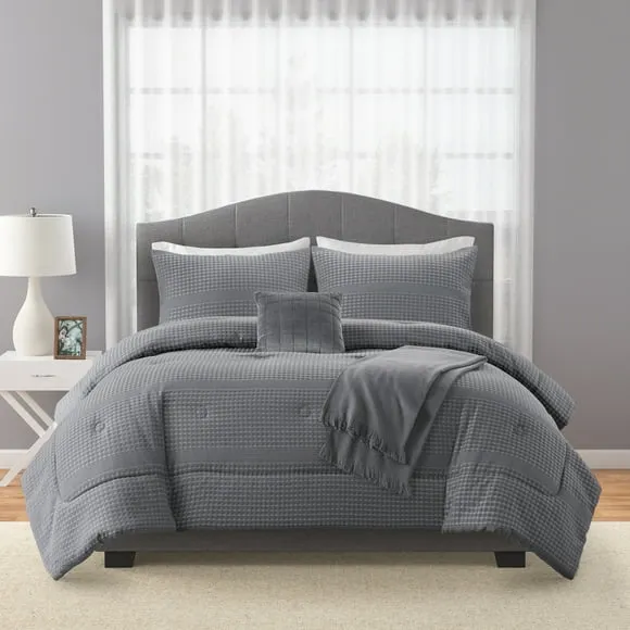 Mainstays 5-Piece Soothing Grey Waffle Comforter Set, Full/Queen