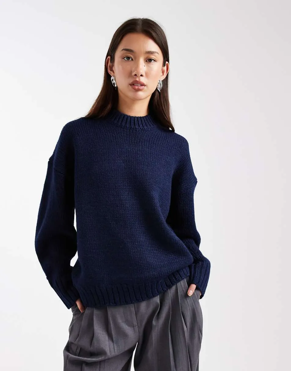 ASOS DESIGN super oversized chunky crew neck jumper with curved hem in navy