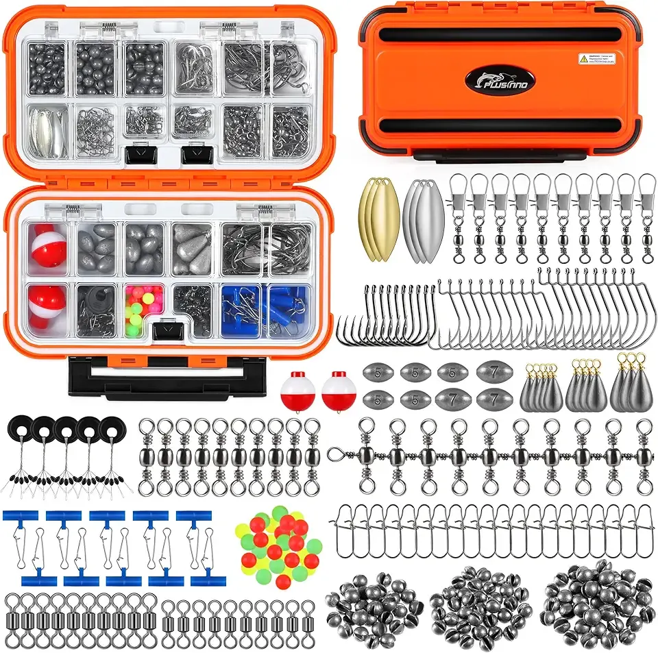 PLUSINNO 253/387pcs Fishing Gear Accessories Kit, Fishing Tackle Box with Tackle Included, Fishing Hooks, Fishing Weights Sinkers, Spinner Blade, Fishing Equipment for Bass Trout Bluegill Crappie